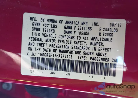 2017 Honda Accord Sport Se z USA, uszkodzony, nr VIN 1HGCR2F13HA276405